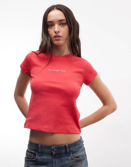 French Connection - T-shirt corta rossa e bianca con scritta Live Laugh FCUK, 3 di 4