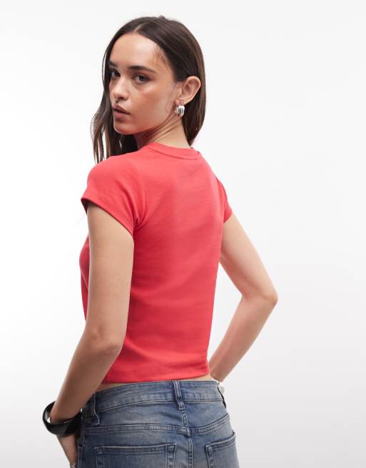 French Connection - T-shirt corta rossa e bianca con scritta Live Laugh FCUK, 4 di 4