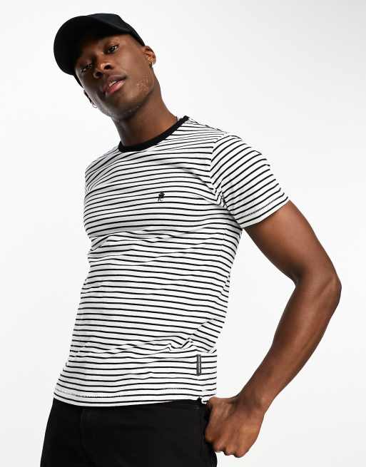 French Connection – T-Shirt in Weiß mit schmalen Streifen in Marineblau