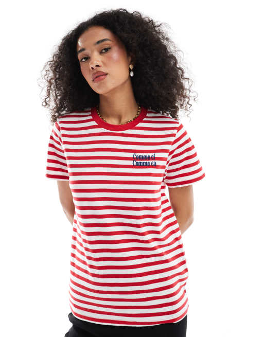French Connection - T-shirt med tekstbroderi og røde/hvide striber, 2 af 4