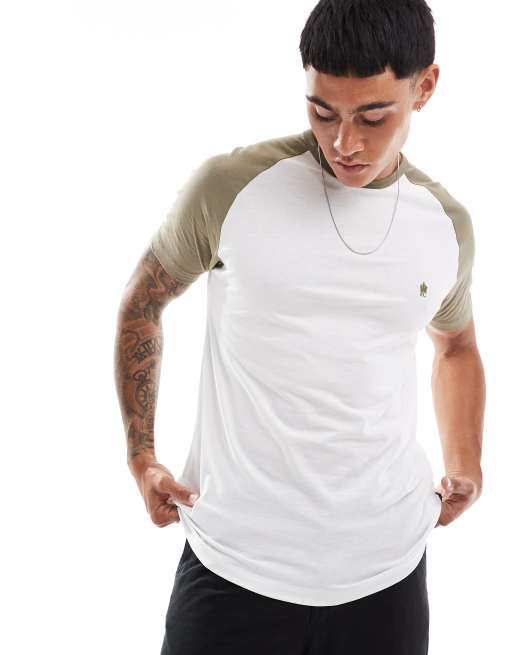 French Connection - T-shirt met raglanmouwen in kaki en wit