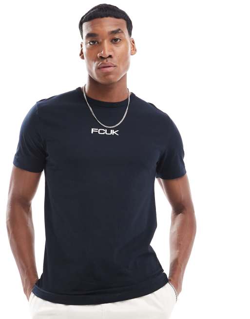 French Connection - T-shirt met ronde hals en FCUK-logo op de borst in marineblauw