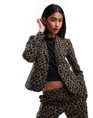 French Connection tailored jacquard blazer in animal co-ord-Brown
