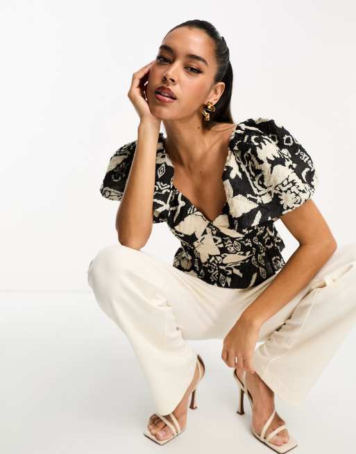 French Connection tailored mini peplum shirt with puff sleeve in black and white ASOS