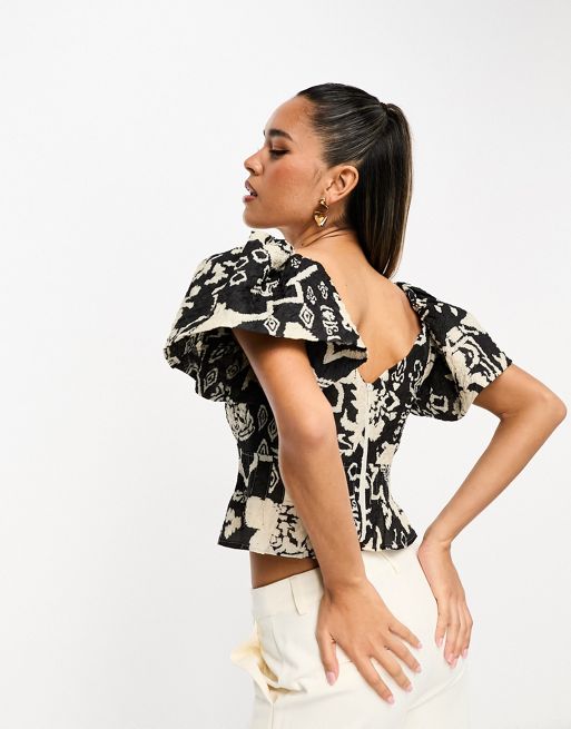 French Connection tailored mini peplum shirt with puff sleeve in black and  white