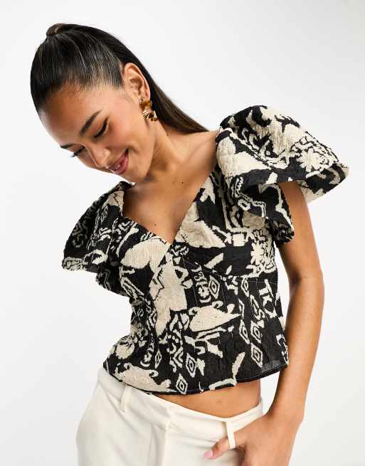 French Connection tailored mini peplum shirt with puff sleeve in black and  white