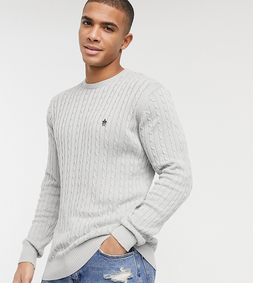 French Connection Tall 100% cotton logo cable knit sweater in heather gray-Grey