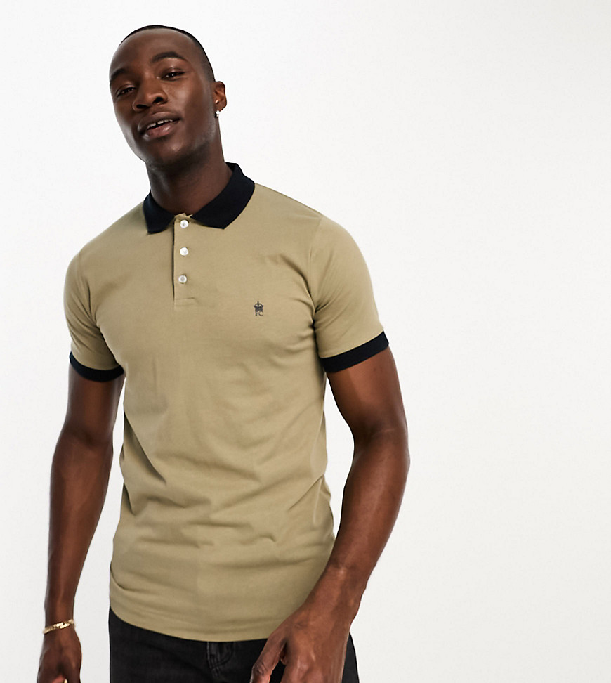 French Connection Tall contrast collar polo in light khaki-Green