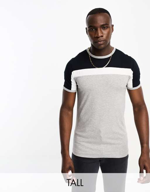 French Connection Tall – Farbblock-T-Shirt in Hellgrau, Weiß und Marineblau