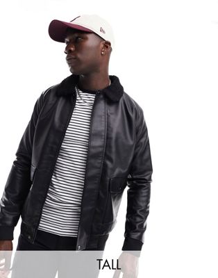 French Connection Tall faux leather flight jacket with borg collar in dark brown - ASOS Price Checker