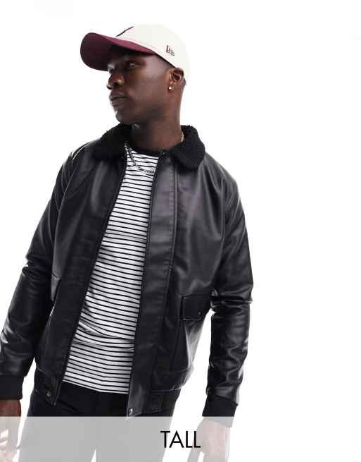 Faux Leather Bomber Jacket for Tall Men in Black