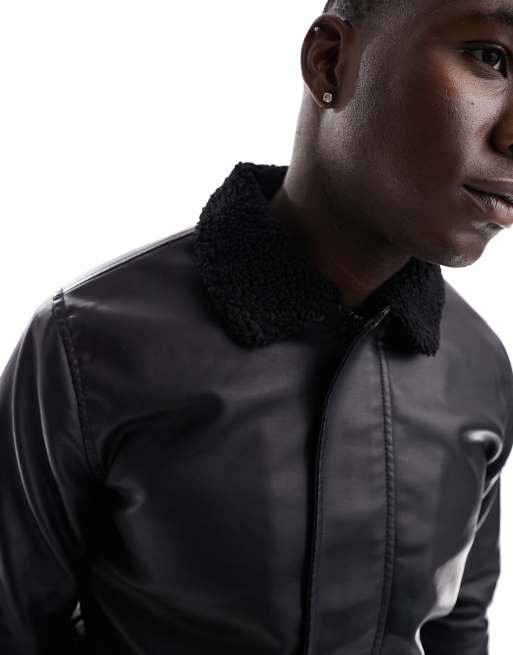 French Connection Tall faux leather flight jacket with borg collar