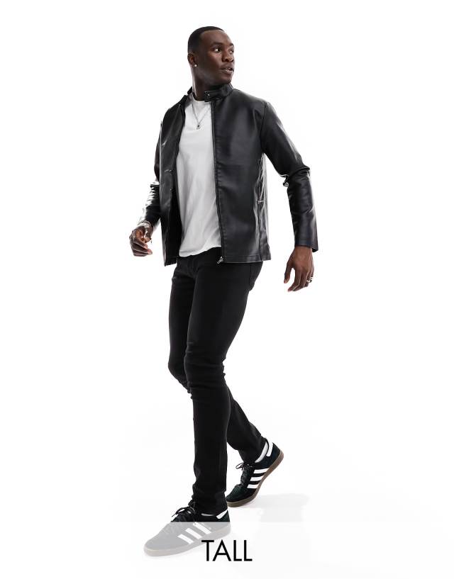 French Connection - tall faux leather racer jacket in black