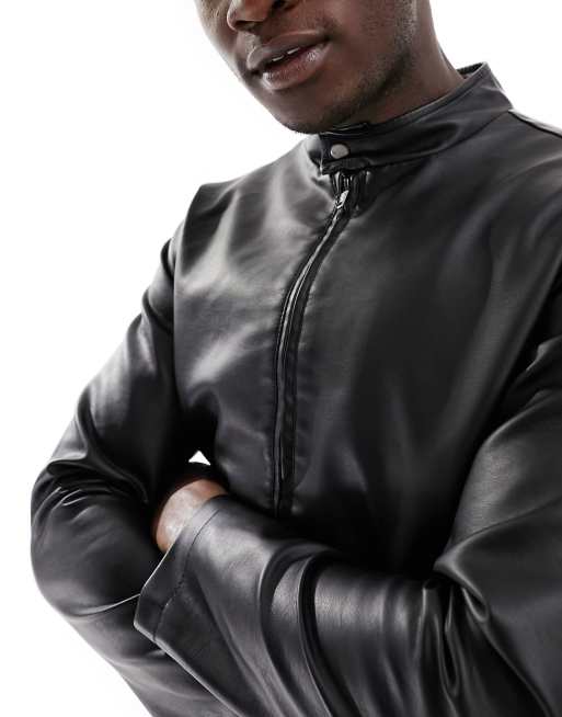 Faux Leather Bomber Jacket for Tall Men in Black