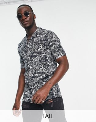 French Connection Tall leaf print revere collar shirt in navy - ASOS Price Checker
