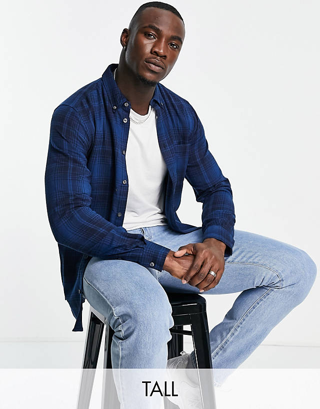 French Connection - tall long sleeve flannel shirt in blue