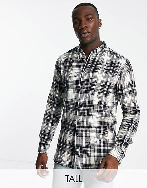 French Connection Tall long sleeve flannel shirt in ecru navy