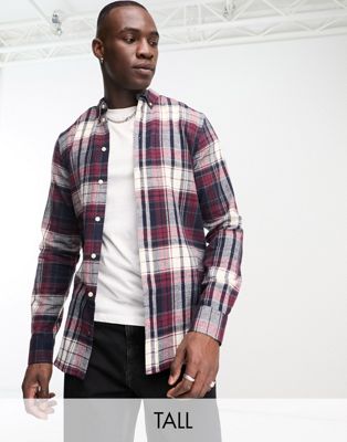 FRENCH CONNECTION TALL LONG SLEEVE MULTI CHECK FLANNEL SHIRT IN BURGUNDY-RED