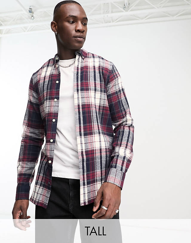 French Connection - tall long sleeve multi check flannel shirt in burgundy