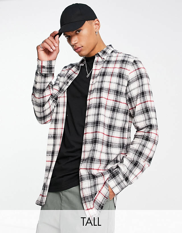 French Connection - tall long sleeve multi check flannel shirt in ecru