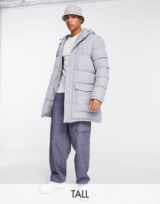 French Connection Tall Longline Padded Parka With Hood In Light Gray
