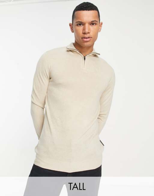 French Connection Tall - Maglione morbido color pietra con zip corta