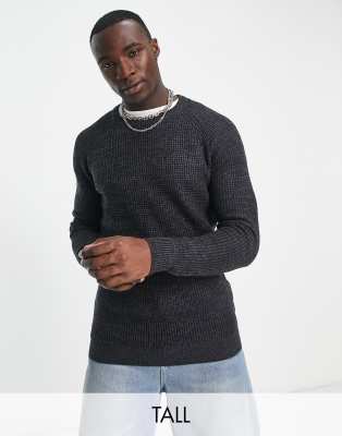 Tall Medium Stitch Raglan Sweater In Charcoal-navy