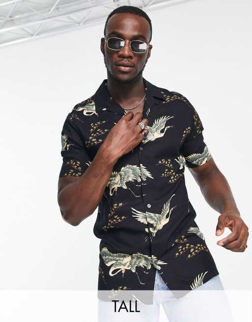 French Connection Tall - Overhemd met reverskraag en vogelprint in marineblauw