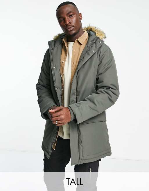 French Connection Tall parka jacket with faux fur hood in khaki | ASOS