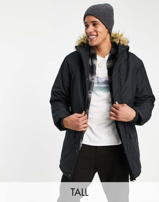 French Connection Tall - Parka nero con cappuccio in pelliccia sintetica