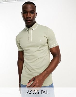 French Connection Tall piping polo in sage - ASOS Price Checker