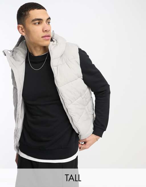 French Connection Tall puffer gilet with hood in light grey | ASOS