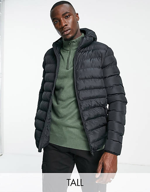 French Connection Tall puffer jacket with hood in black | ASOS