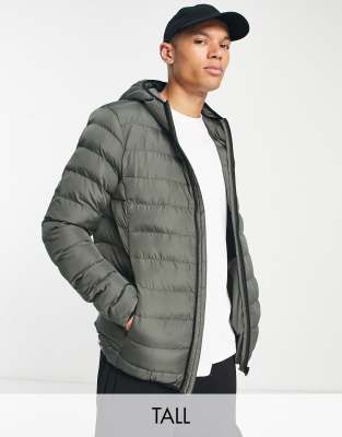 French Connection Tall Puffer Jacket With Hood In Gray-green