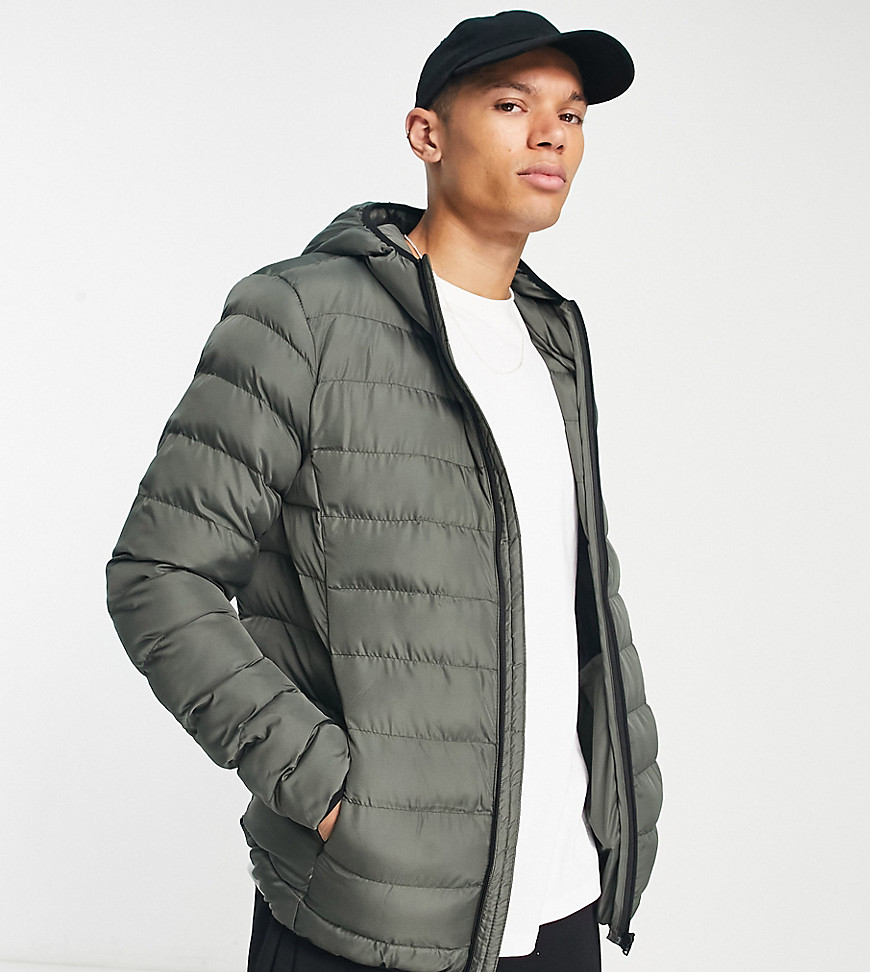 French Connection Tall puffer jacket with hood in grey-Green
