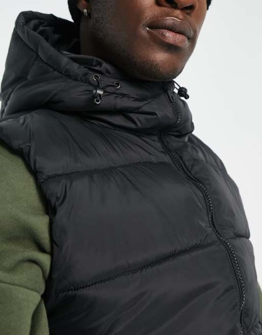 French Connection Tall puffer vest with hood in black