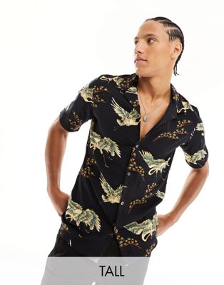 French Connection Tall short sleeve revere bird print shirt in navy