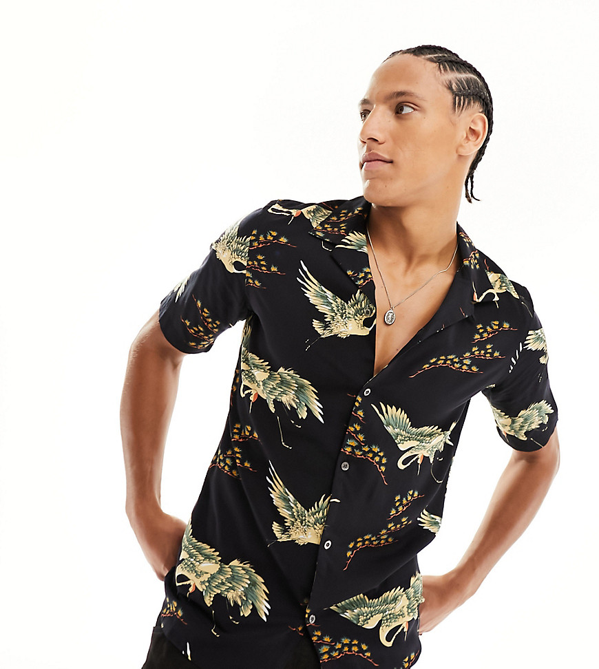 French Connection Tall short sleeve revere bird print shirt in navy