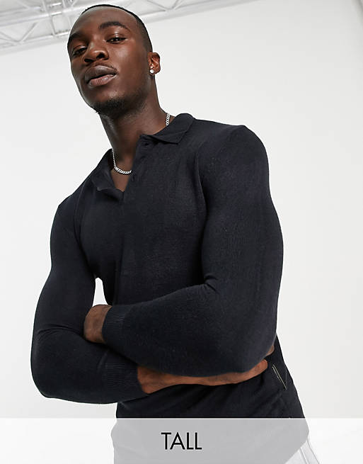 French Connection Tall soft touch long sleeve knitted polo in navy
