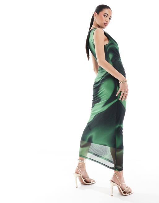 French Connection Tarissa mesh midi dress in green abstract print