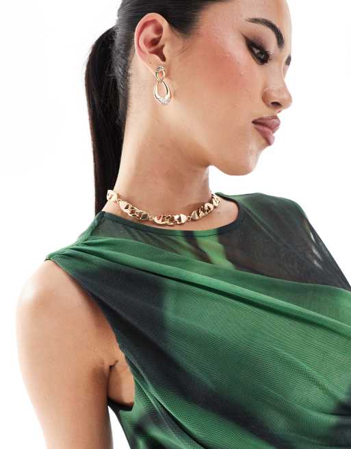 French Connection Tarissa mesh midi dress in green abstract print | ASOS