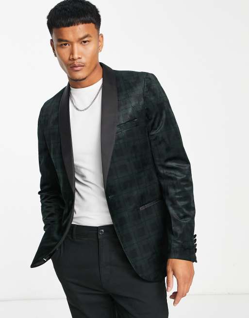 French Connection tartan velvet blazer in green