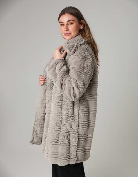 French Connection Textured faux fur large lapel collar button coat in light grey - view 1