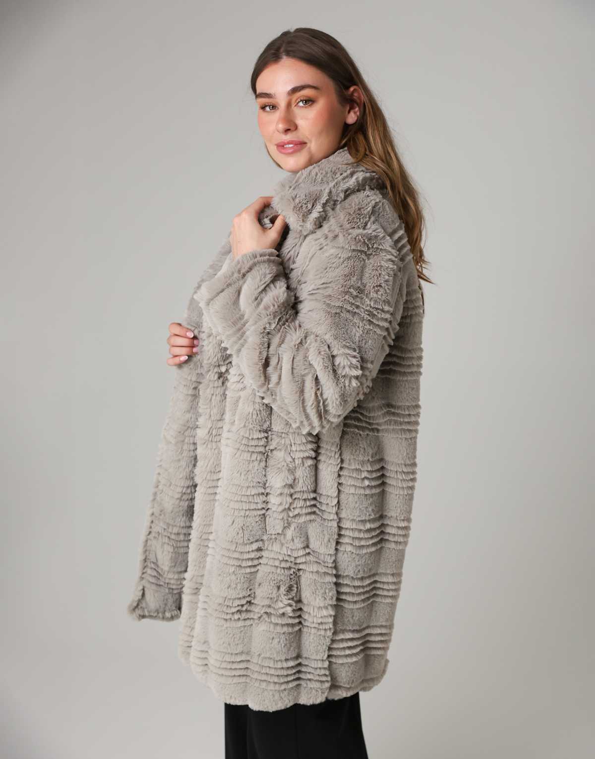 French Connection Textured faux fur large lapel collar button coat in light grey