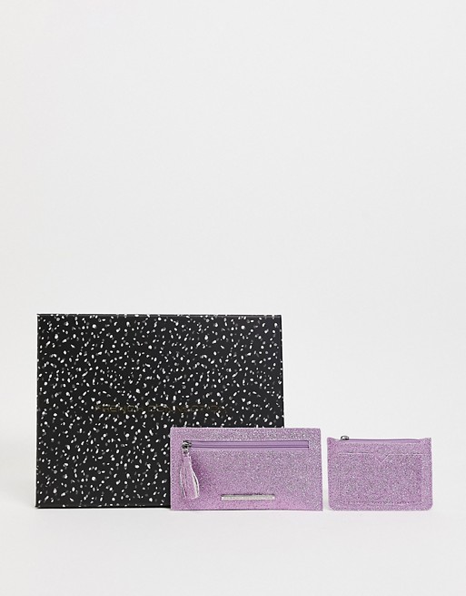 French Connection textured metallic glitter purse and cardholder set in pink
