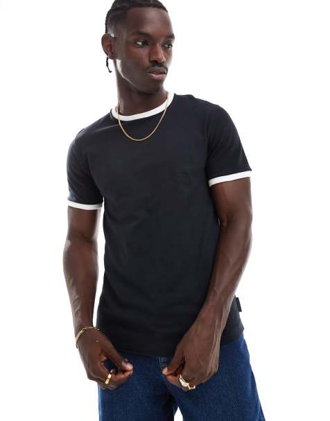 French Connection textured ringer t-shirt in navy & white - view 1