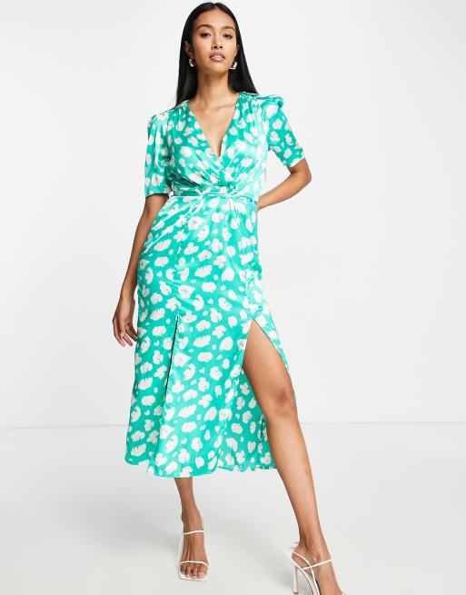 Floral Print Wrap Hem Midi Dress In Green