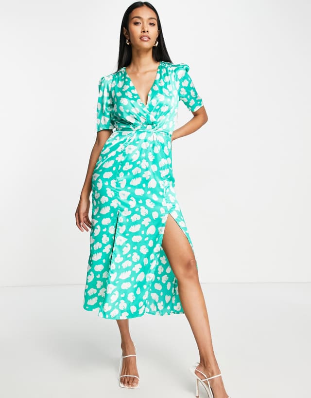 French Connection tie back midi dress in green smudge spot