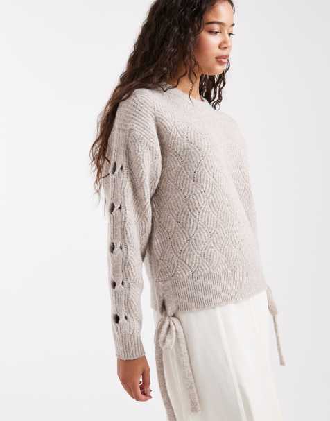 French Connection tie detail crew neck jumper in taupe - view 1