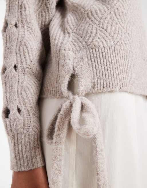 French Connection tie detail crew neck jumper in taupe, 4 of 4